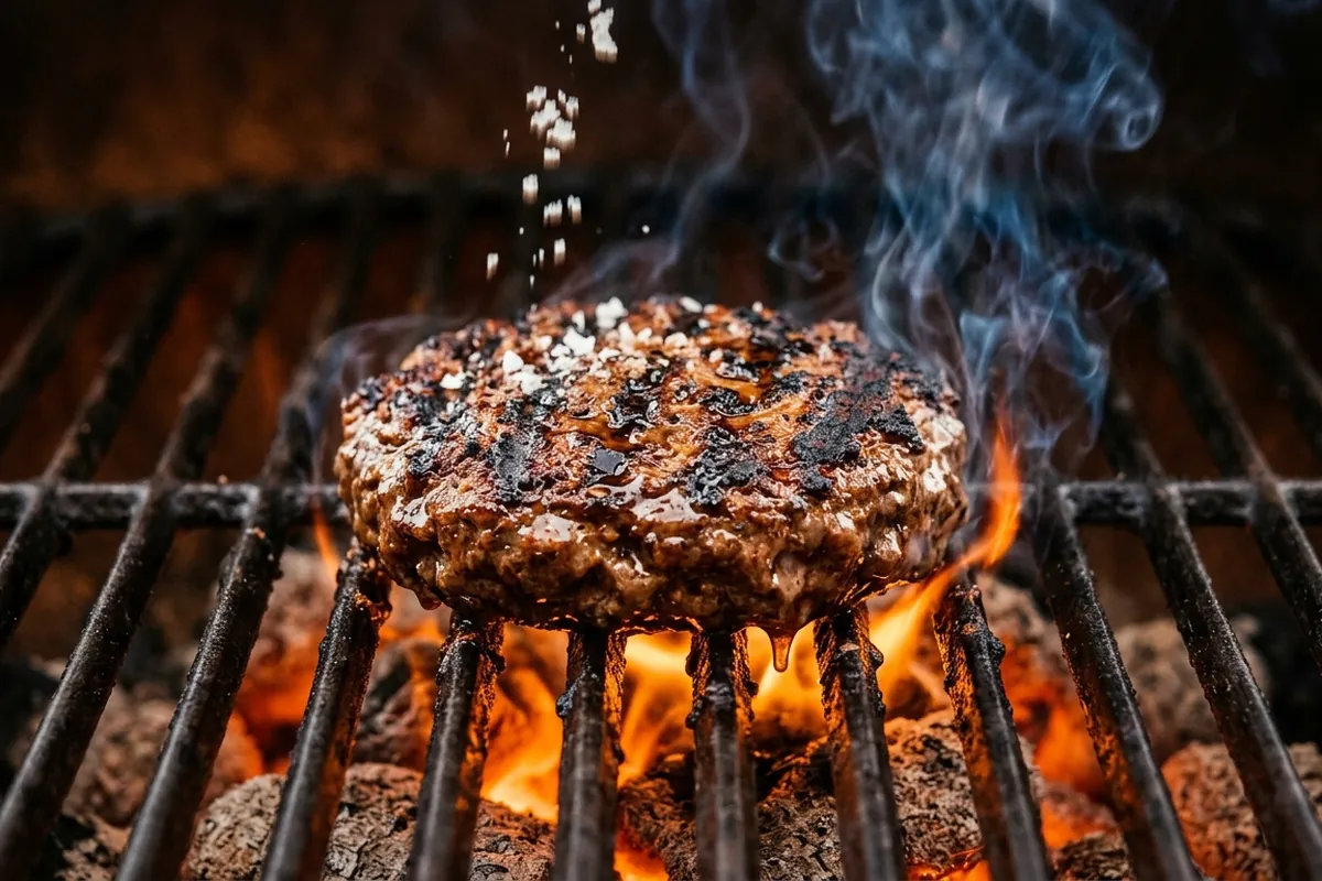 Hamburger di manzo che sfrigola sulla griglia a brace viva