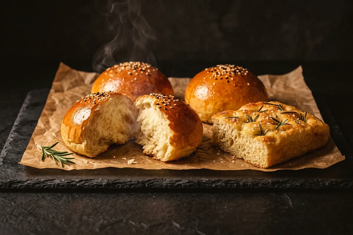 Panini brioche e focaccia al rosmarino appena sfornati su carta da forno